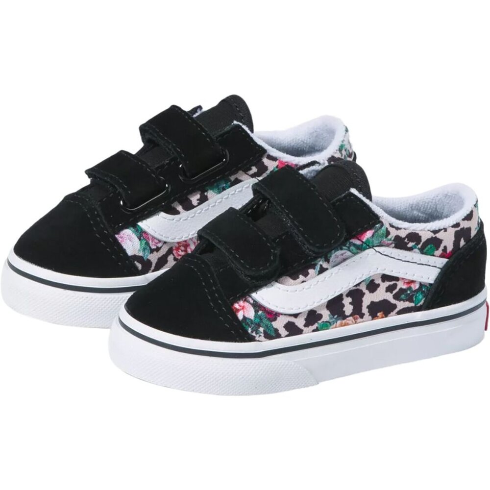 Vans Leopard Floral Old Skool V Skate Shoe Girls Toddler 11.5 Velcro Black Suede